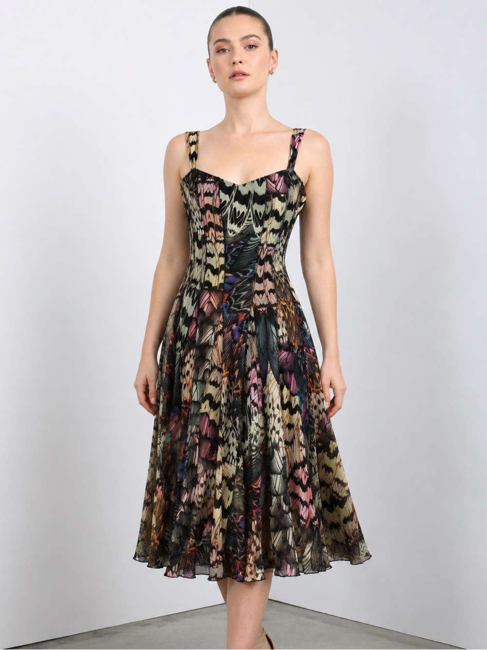 Elana Kattan Dragonfly Print Fit & Flare Mesh Fairy Midi Dress Boho Multicolor M